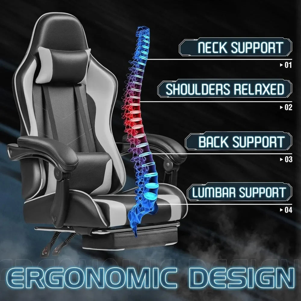 Video Game Chair w/Footrest & Massage Lumbar Support, Computer Chair Height Adjustable w/Swivel Seat