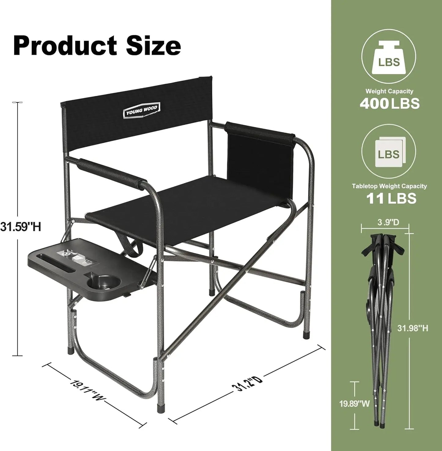 Camping Directors Chair, Lightweight Oversized Portable Folding Chair w/Side Table +Storage Pockets