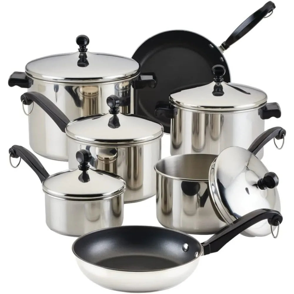Classic Stainless Steel 15-Piece Cookware Set with Pots and Pans, Silver