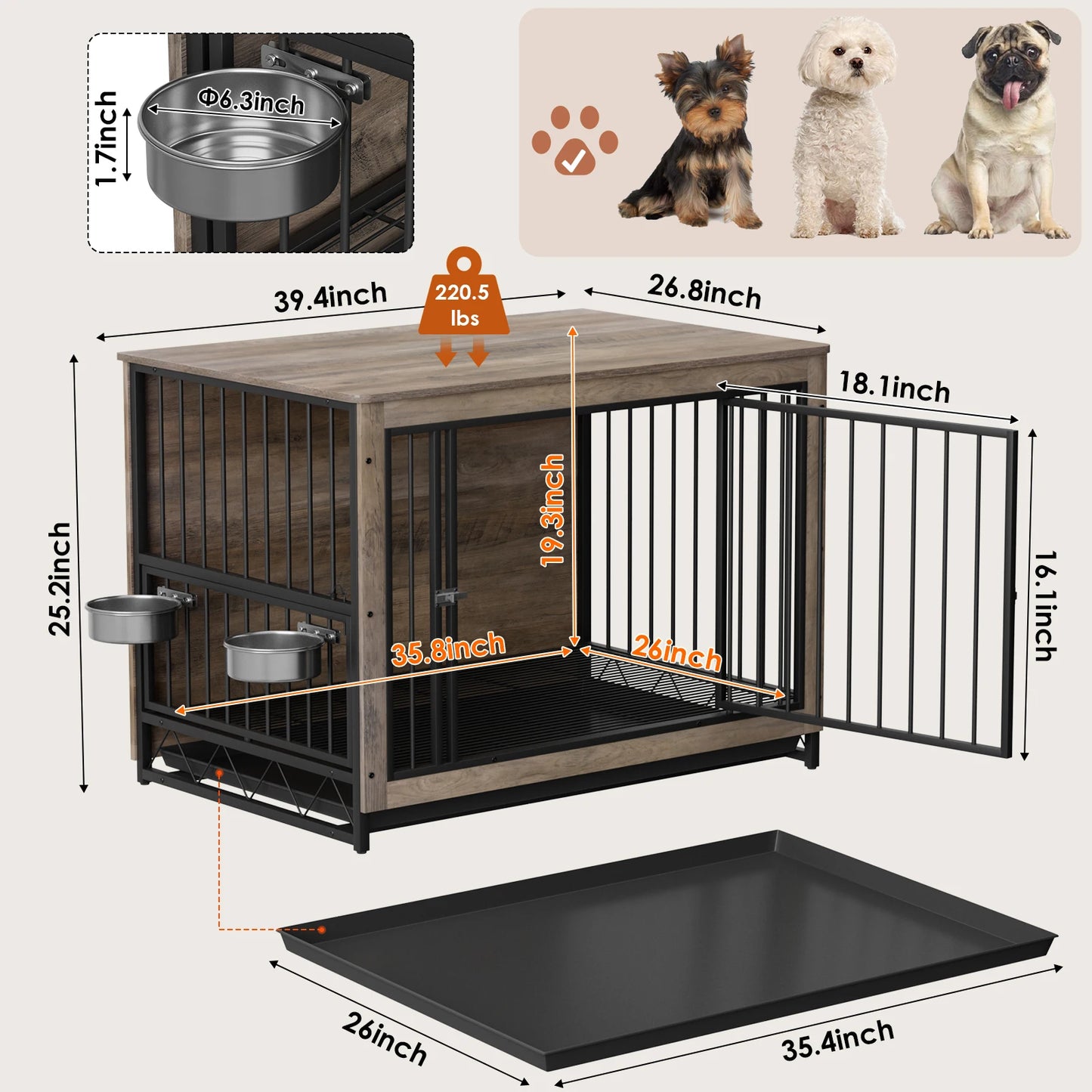 Furniture Style Dog Crate,Wooden Heavy Duty/ Raised Feeder/Dogs 2 Stainless Steel Bowls Brown/Gray