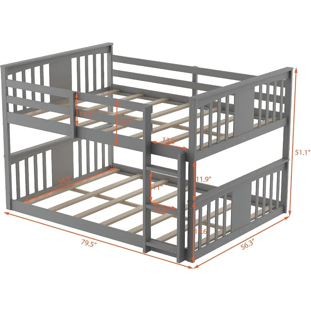 Designs Full Over Full Low Bunk Bed with Headboard and Footboard, Wooden Bunk Bed with Ladder