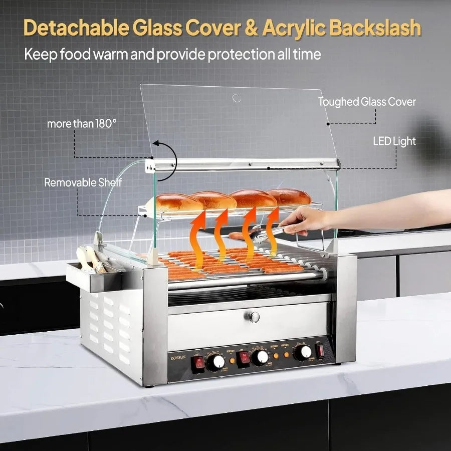 Hot Dog 2000W w/11 Rollers for 30 Hot Dogs Stainless Steel Hot Dog Machine Grill/Bun Warm Drawer