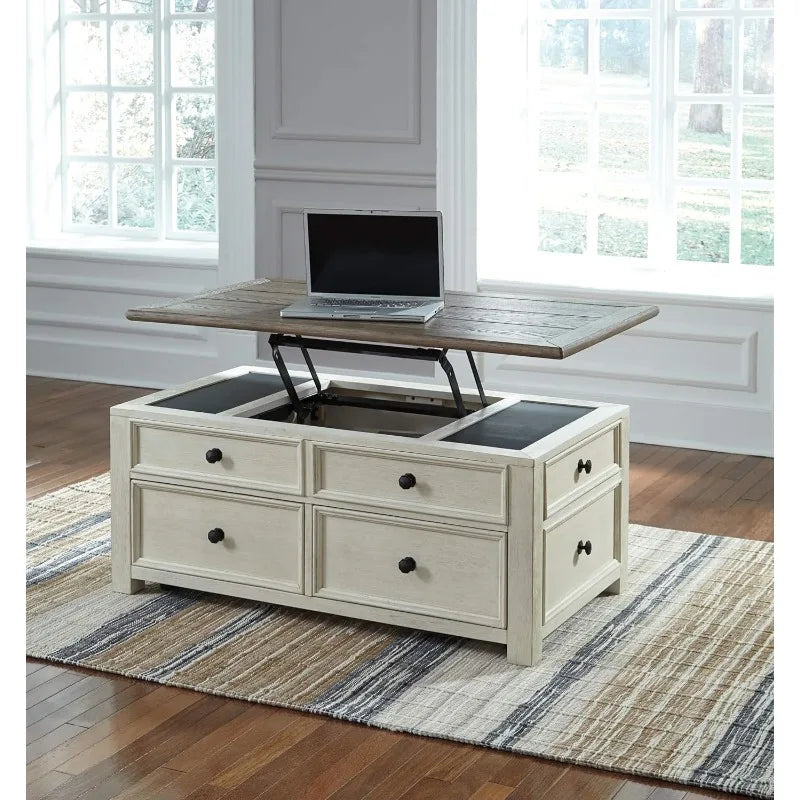 Bolanburg Farmhouse Lift Top Coffee Table with Drawers, Antique Cream & Brown