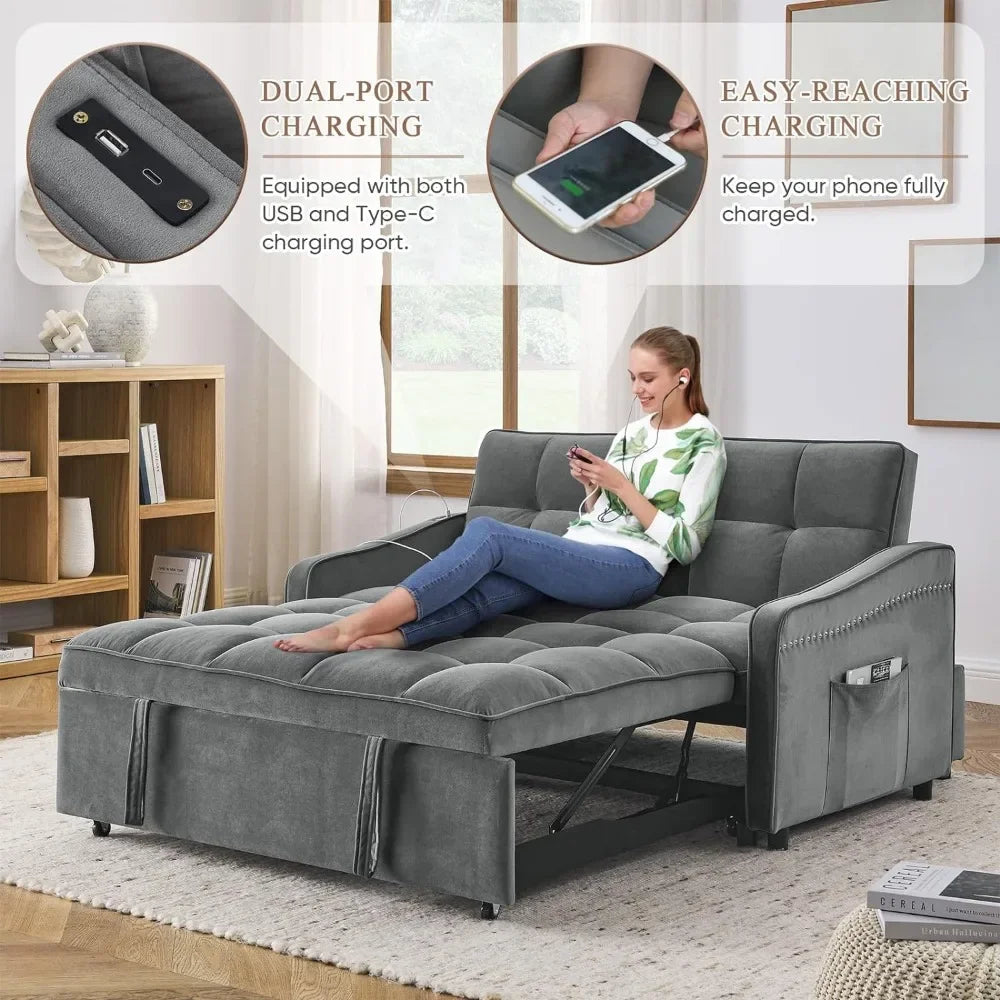 3 in 1 Sleeper Sofa Couch Bed w/USB & Type C Port, 52" Small Modern Loveseat Sofa w/Pull Out Bed