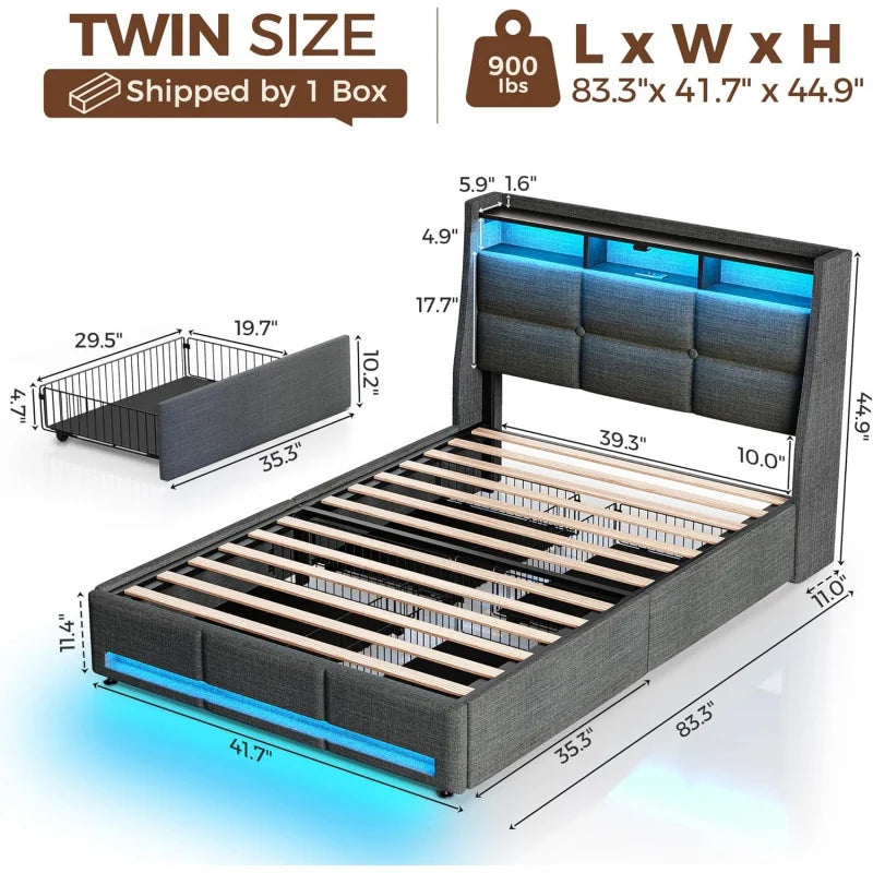 ROLANSTAR Bed Frame W/LED Lights & Charging Station, Upholstered Bed Storage Headboard & Heavy Duty