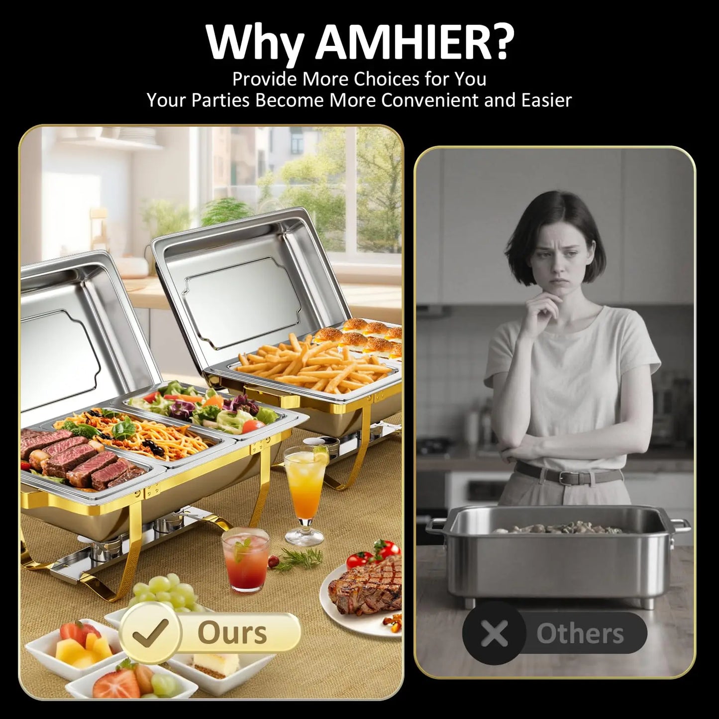 Chafing Dishes for Buffet 4 Pack 7pan, 9QT [Elegant Gold and Silver Colors] Stainless Steel Durable