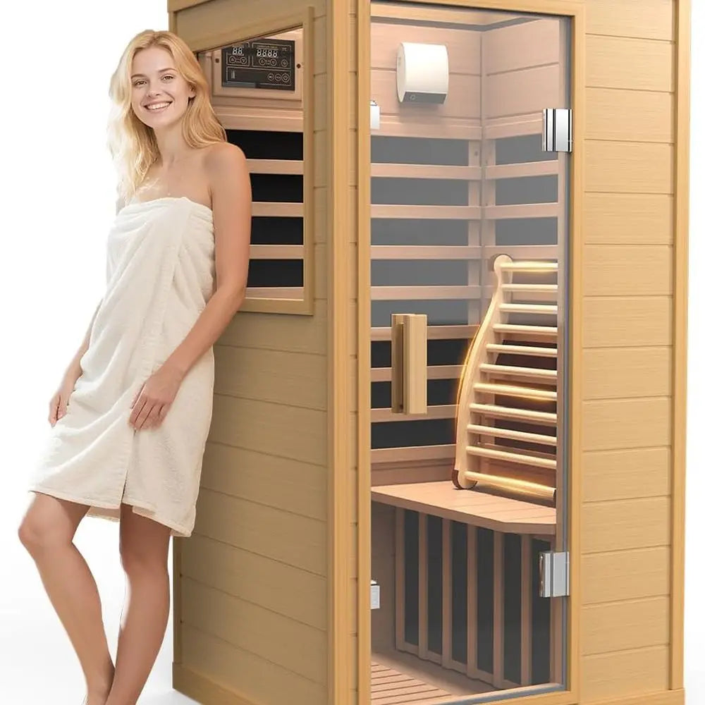 Indoor Hemlock Wood Sauna with Backrest, 1062W, 110V, Low EMF, Integrated Speakers, Reading Lamp