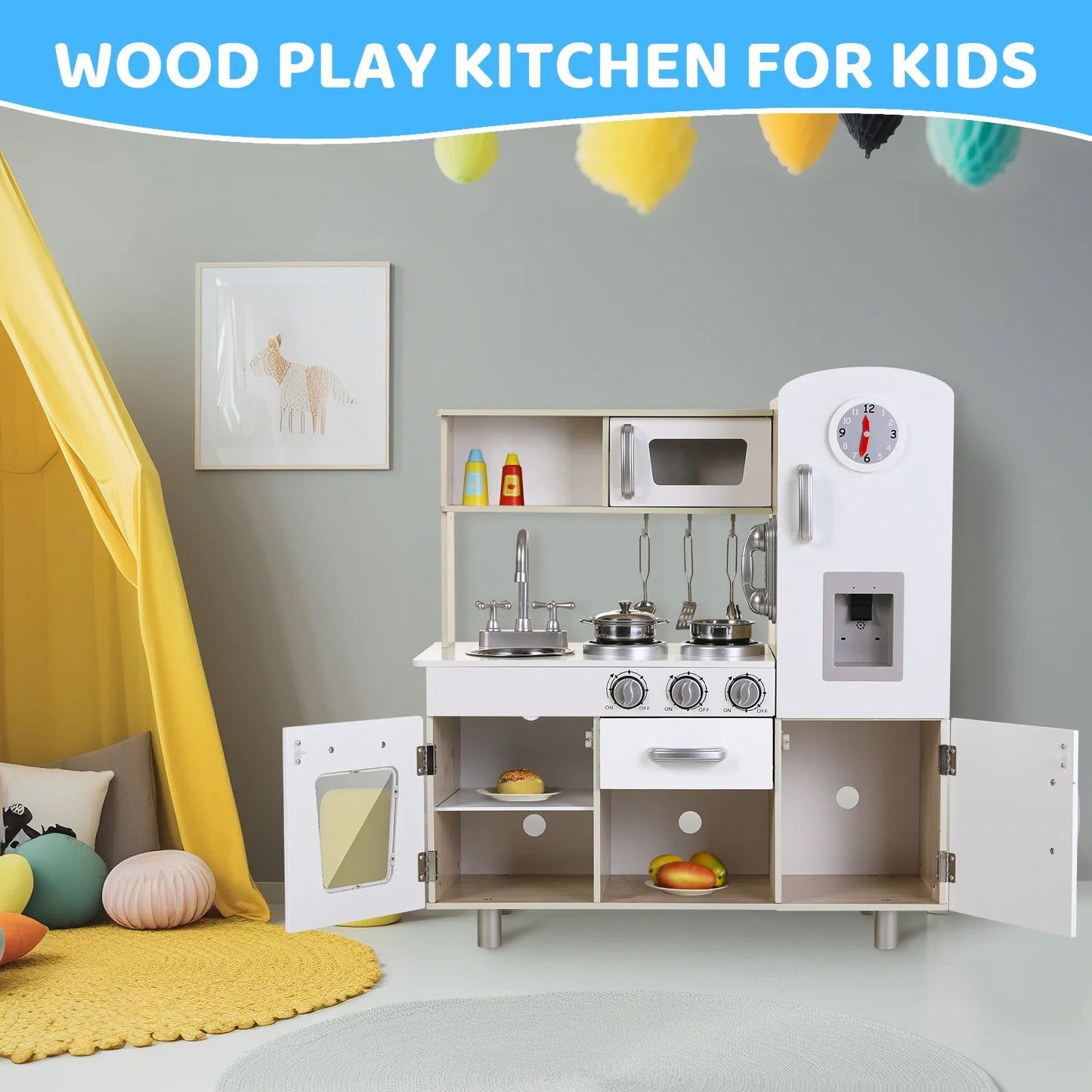 Kids Kitchen Playset, Preschool Cooking Kitchen, Toddler Wooden Pretend Play Toy w/Fridge, Stove
