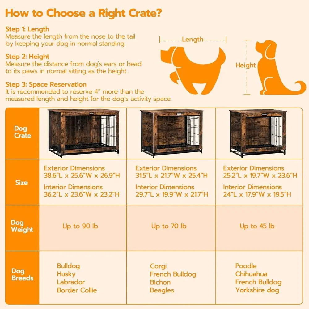 Large Wooden Dog Crate, 38.6 Indoor Kennel with Pull-Out Tray/Large, Medium, and Small Dogs