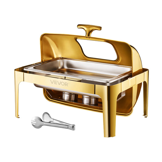 SucceBuy 9Qt Roll Top Chafing Dish Buffet Stainless Steel Chafer with Full Size Pan Visible Lid