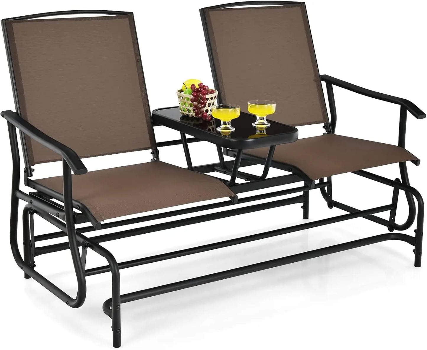 Glider Chair, Patio Rocking Loveseat w/Center Tempered Glass Table, Swing Bench w/Steel Frame for 2