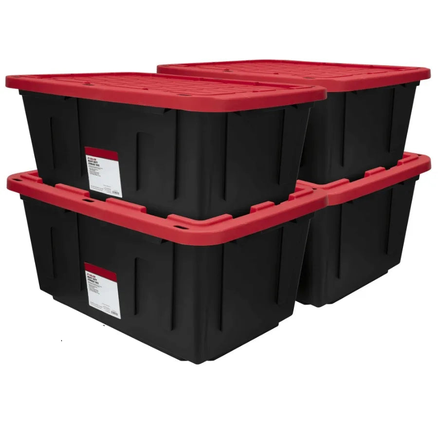 Large Storage Bin 27 Gallon Plastic Storage Container with SnapOn Lid Black and Red 4Pack