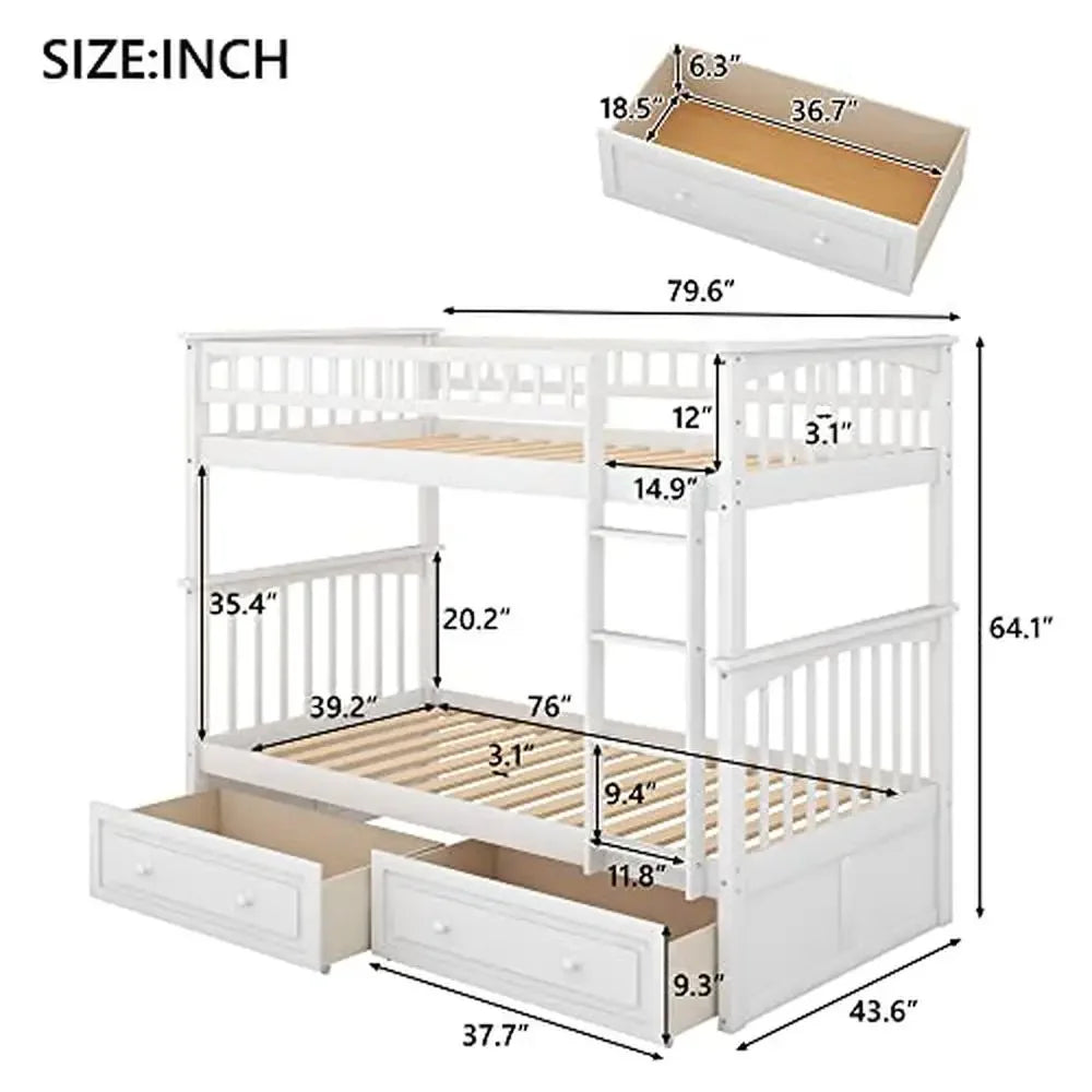 Wood Twin Daybeds/Under-Bed Storage Drawer & Ladder Modern Pine Bunk Bed Kids Sturdy (White)