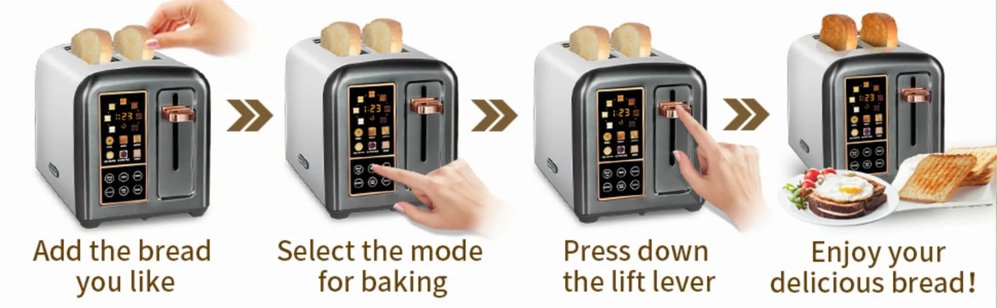 Toaster 2 Slice, Stainless Toaster LCD Display&Touch Buttons, 50% Faster Heating Speed, 1.5''Wide Slot, 1350W, Dark Metallic