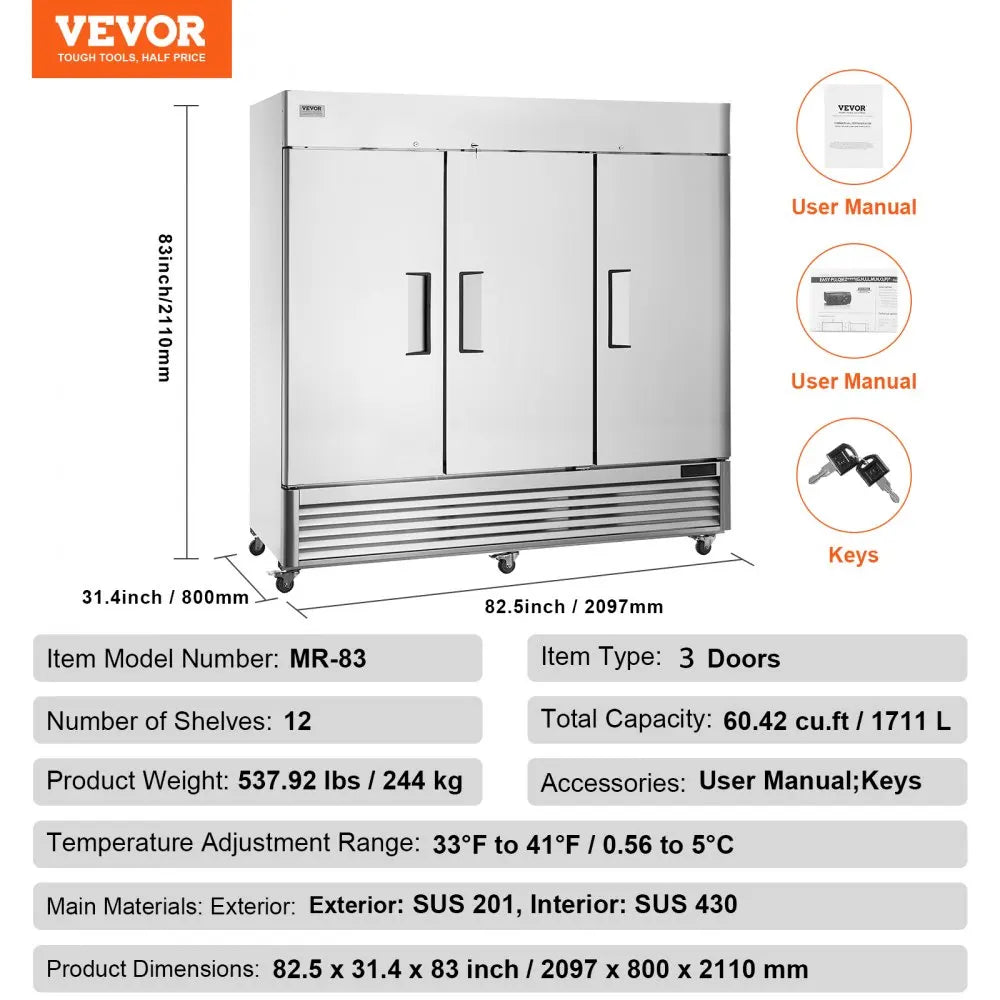 VEVOR Commercial 9.32 Cu.ft Reach In 27" W Upright Refrigerator 1-3 Door Auto-Defrost Refrigerator
