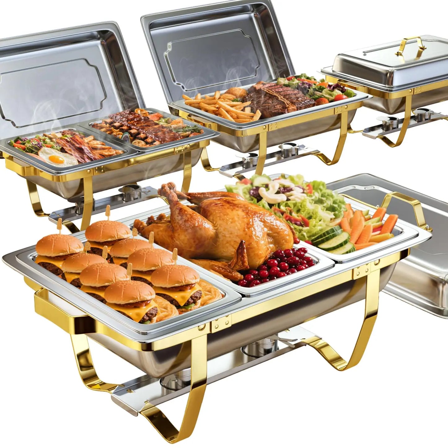 Chafing Dishes for Buffet 4 Pack 7pan, 9QT [Elegant Gold and Silver Colors] Stainless Steel Durable
