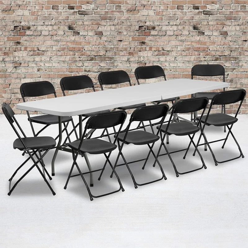 8' Plastic Bi-Fold Table Set w/10 Folding Chairs, 11-Piece Rectangular Folding Table and Chairs Set