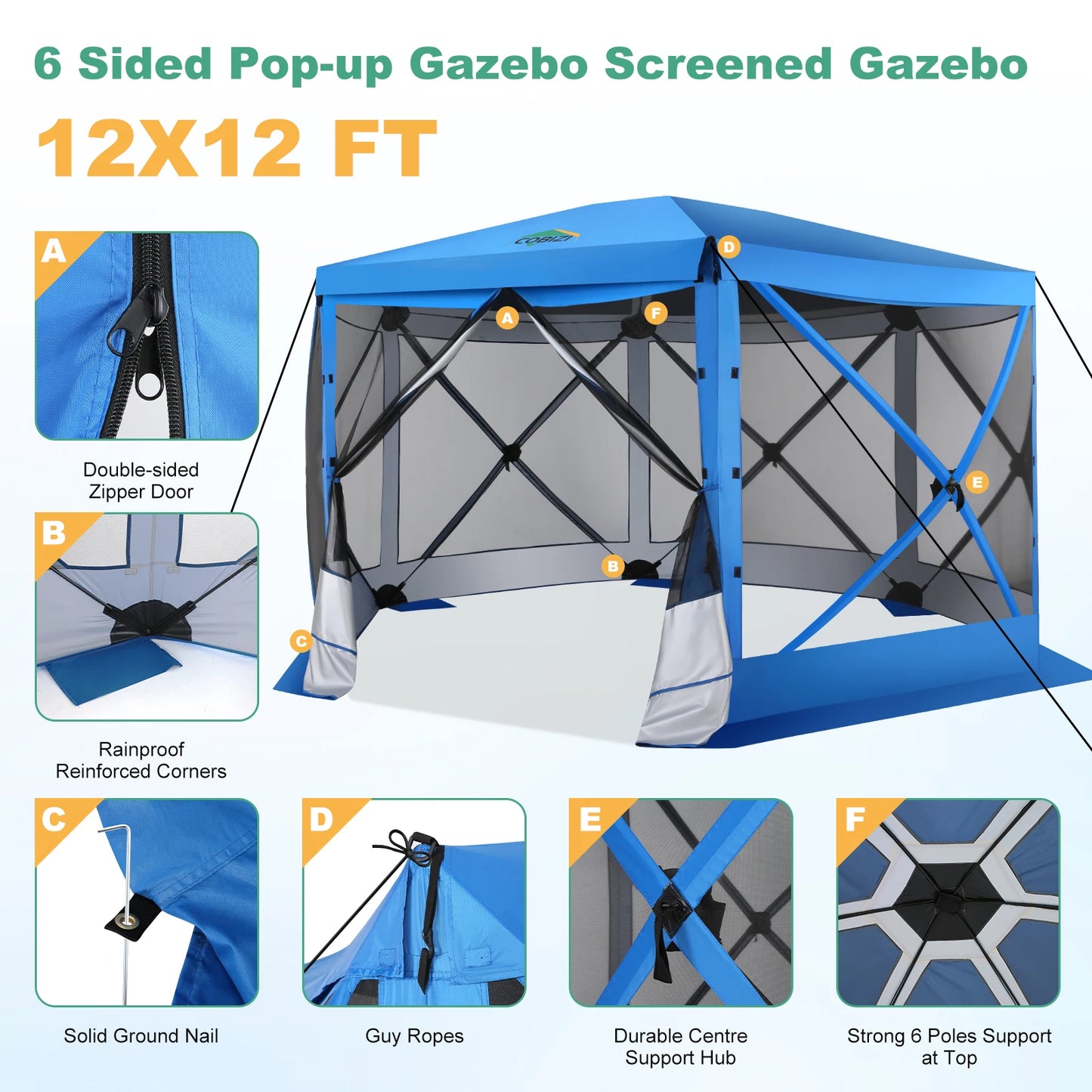 Pop Up Gazebo 12'x12' 6-Sided Screen House Tent for Camping, Instant Stargazing Gazebo Canopy