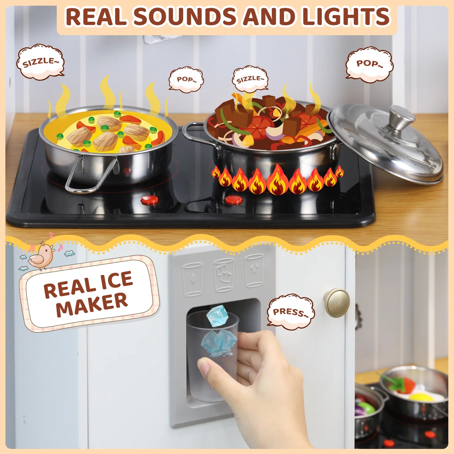 Play Kitchen for Kids, Preschool Kitchen Sets, Wooden Cooking Playset w/Realistic Light & Sound