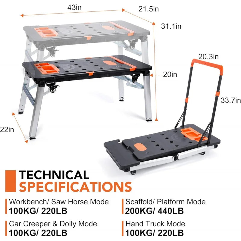 Multifunctional Folding Work Table, Portable Work Benches w/Modes as Workbench, Sawhorse, Scaffold