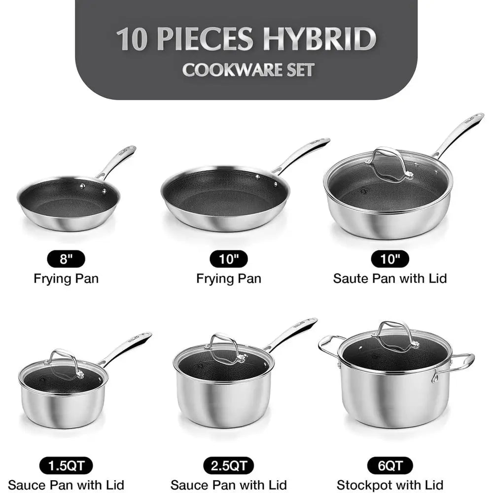 10-Piece Nonstick Stainless Steel Cookware Set with Honeycomb Interior, 18/10 Grade, Induction Ready