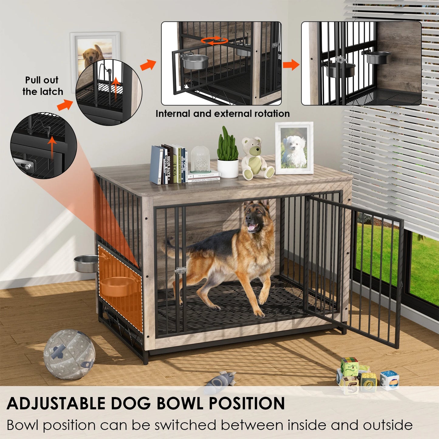 Furniture Style Dog Crate,Wooden Heavy Duty/ Raised Feeder/Dogs 2 Stainless Steel Bowls Brown/Gray