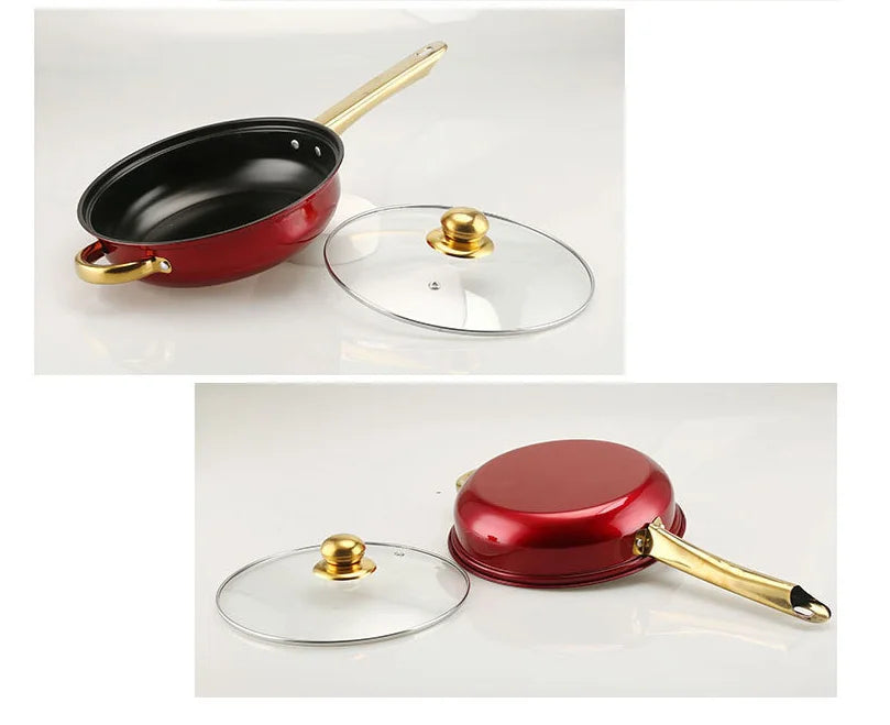 OGMY 12PCS of Stainless Steel Colored Cookware Set Non-stick Pan Gold-plated Handle Soup Pot