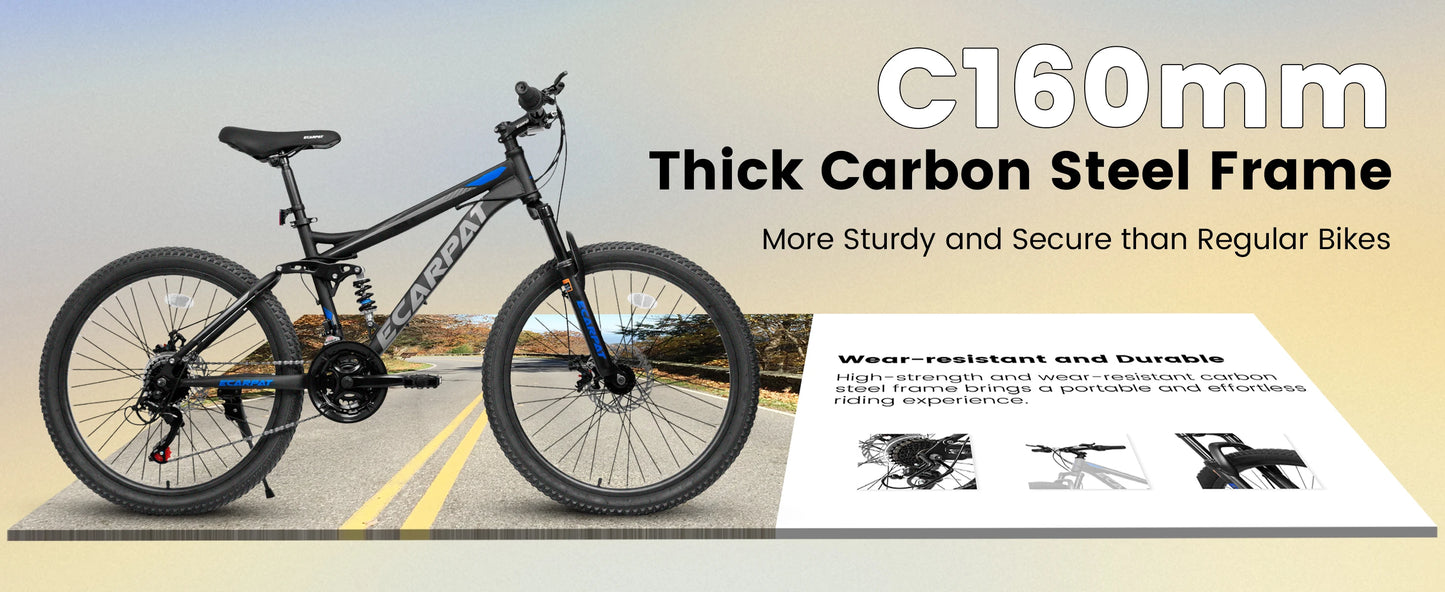 Ecarpat Dual Full Suspension Mountain Bike 24/26/27.5 Inch, 21-Speed Disc Bicycles
