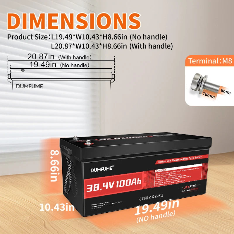 Dumfume 25.6V 100Ah Lifepo4 Lithium Battery 2560w/With 100A BMS 12.8V 100/300/600Ah 38.V 100Ah