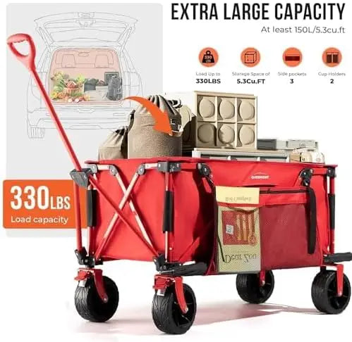 Collapsible Wagon Cart with Wheels - Foldable Heavy Duty Wagon with Big All- 330Lbs Weight Capacity