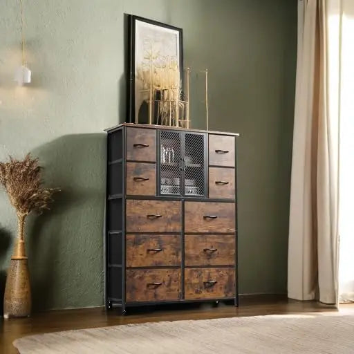 Dresser for Bedroom with Mesh Door Tall Dressers & Chests of Drawers w/10 Fabric Drawer Modern