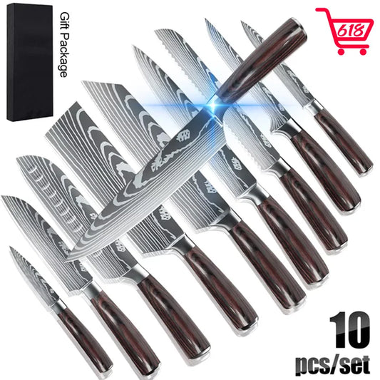 MDHAND 8/10pcs Kitchen Knives Set Laser Damascus Pattern Chef Knife High Carbon Stainless Steel