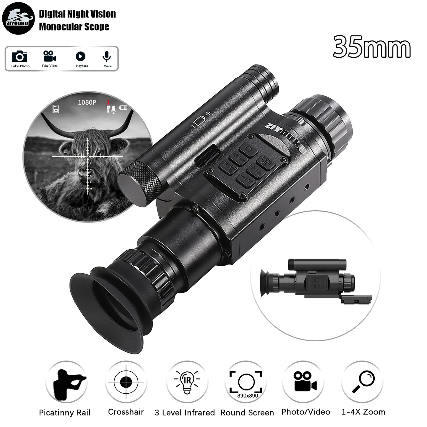 ZIYOUIHU NV075 HD Infrared Monocular Night Vision Video Camera, Hunting Night Vision Scope,Lens Opti