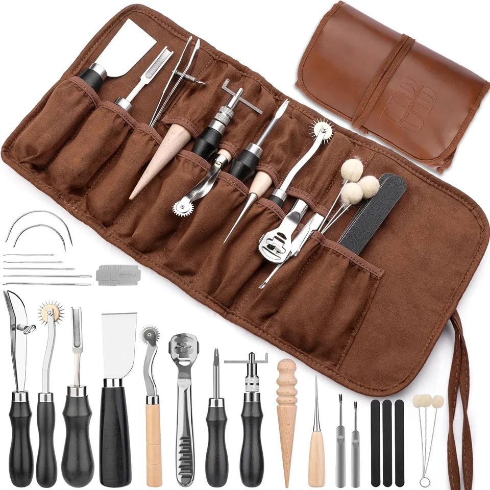 Leather Craft Tools Kit with Awl Stitching Punch Hole Sewing Needles/Stamping Repair Projects