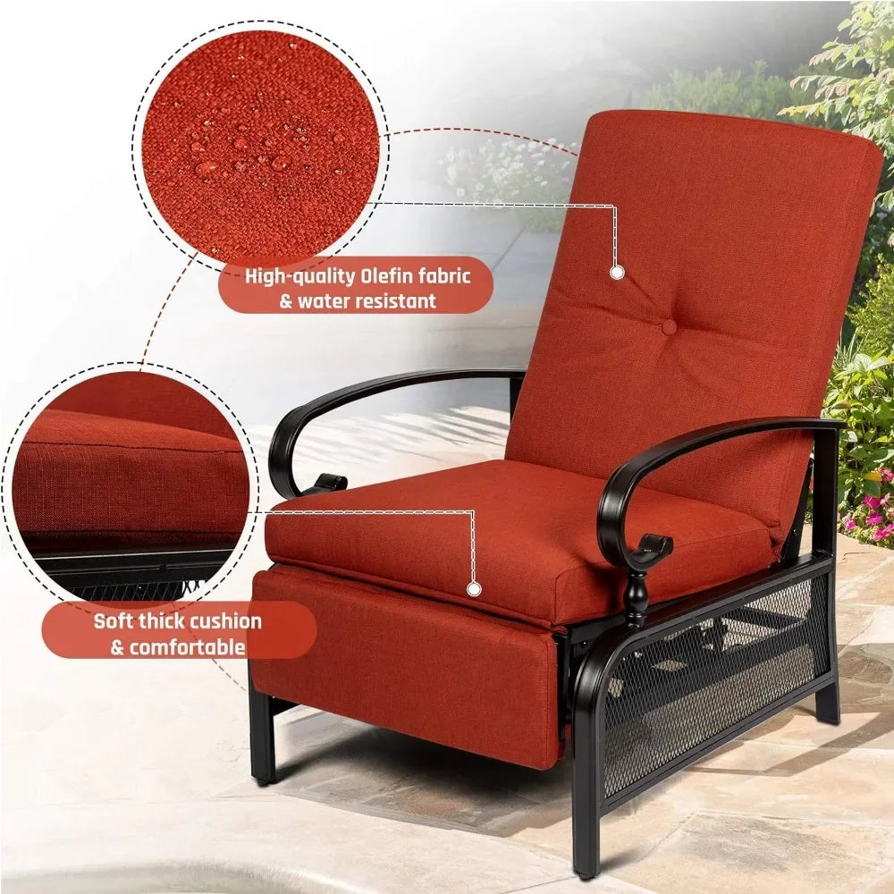 Adjustable Outdoor Lounge Chair Metal Patio Relaxing Recliner Chair (Red) Leisure Chaise