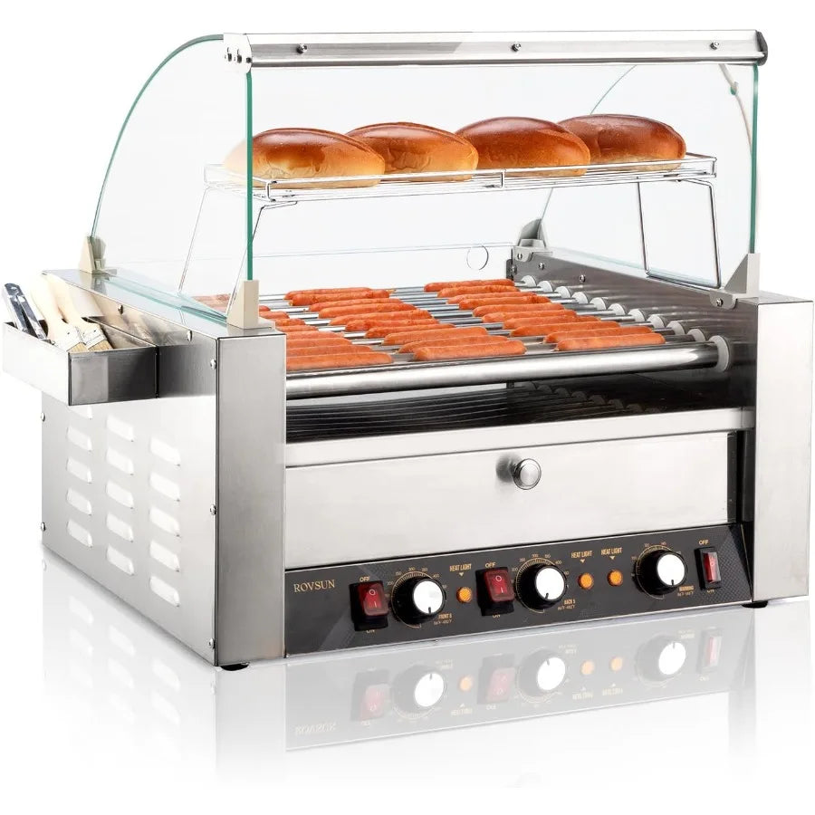 Hot Dog 2000W w/11 Rollers for 30 Hot Dogs Stainless Steel Hot Dog Machine Grill/Bun Warm Drawer