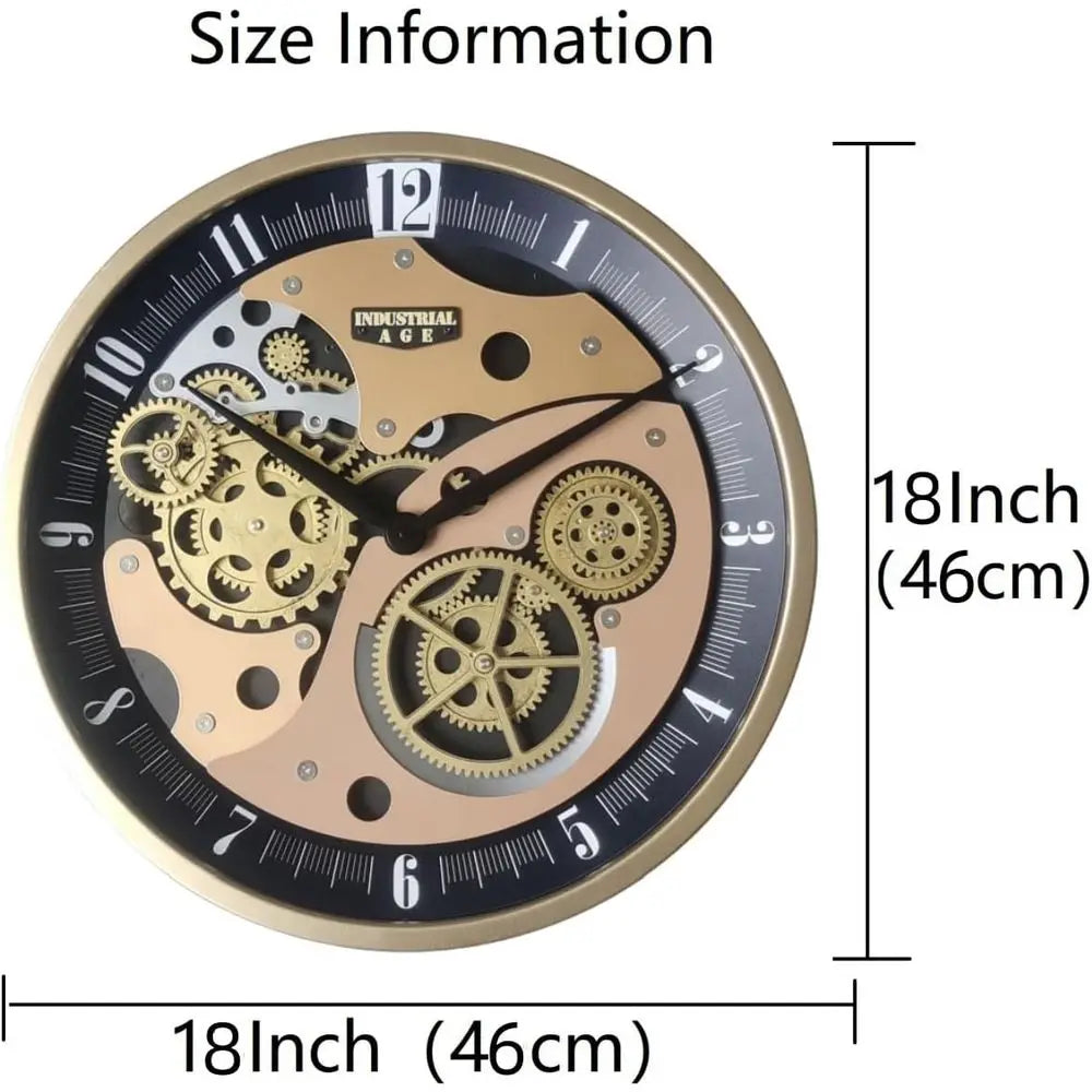 Vintage Gear Wall Clock, Battery-Powered Antique Steampunk Metal Timepiece (Black, 18)