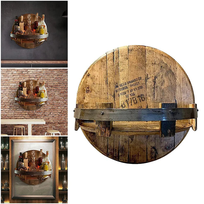 Creative Wooden Vintage Whiskey Barrel Shelf Hand Crafted Liquor Bottle Display