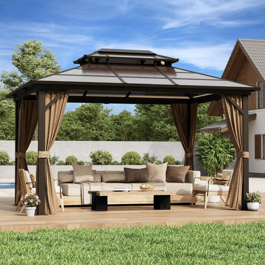 10'x13' Hardtop Gazebo, Outdoor Polycarbonate Double Roof Canopy, Aluminum Frame Permanent Pavilion