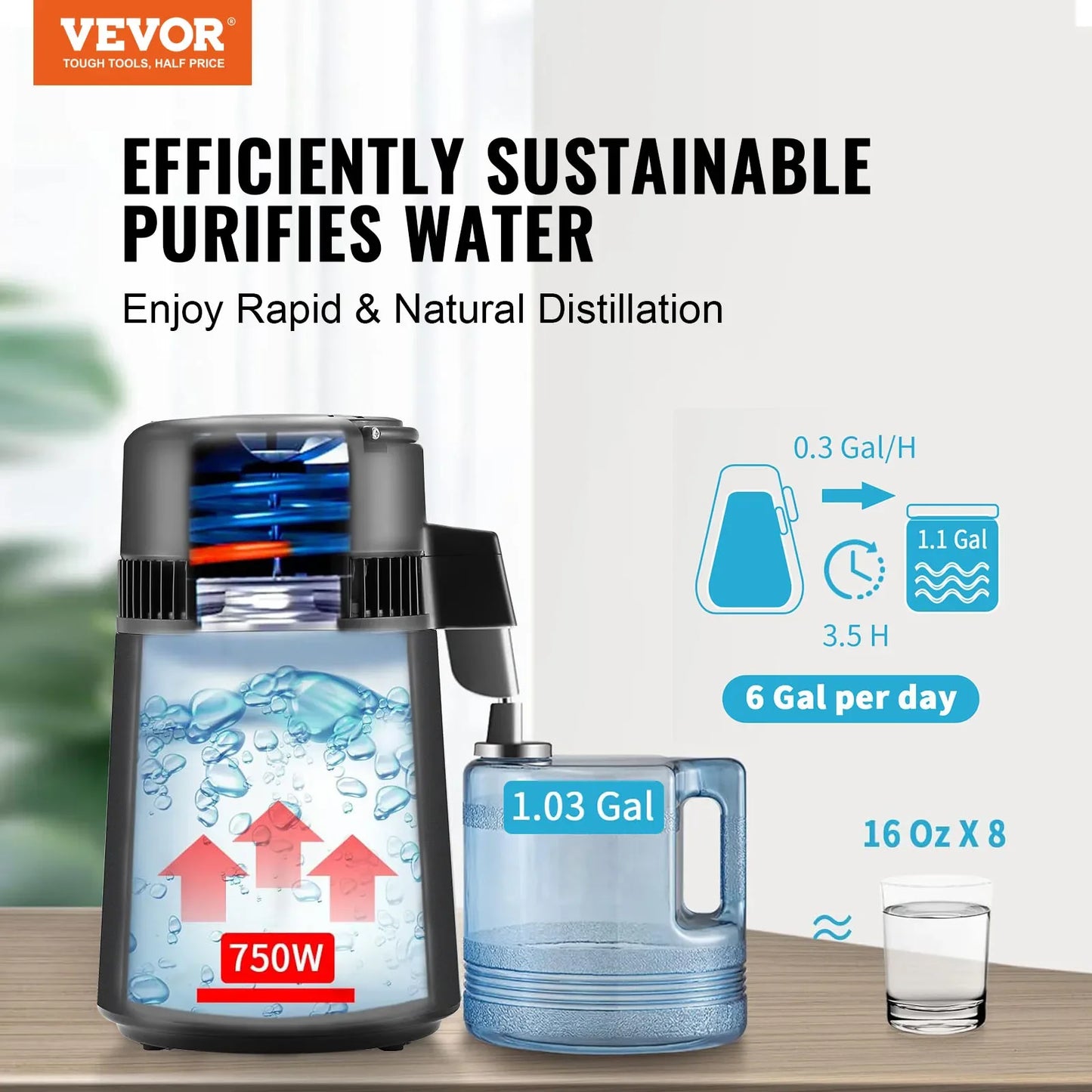 VEVOR Water Distiller 4L 1.05 Gallon Pure Water Purifier Filter For Home Countertop 750W