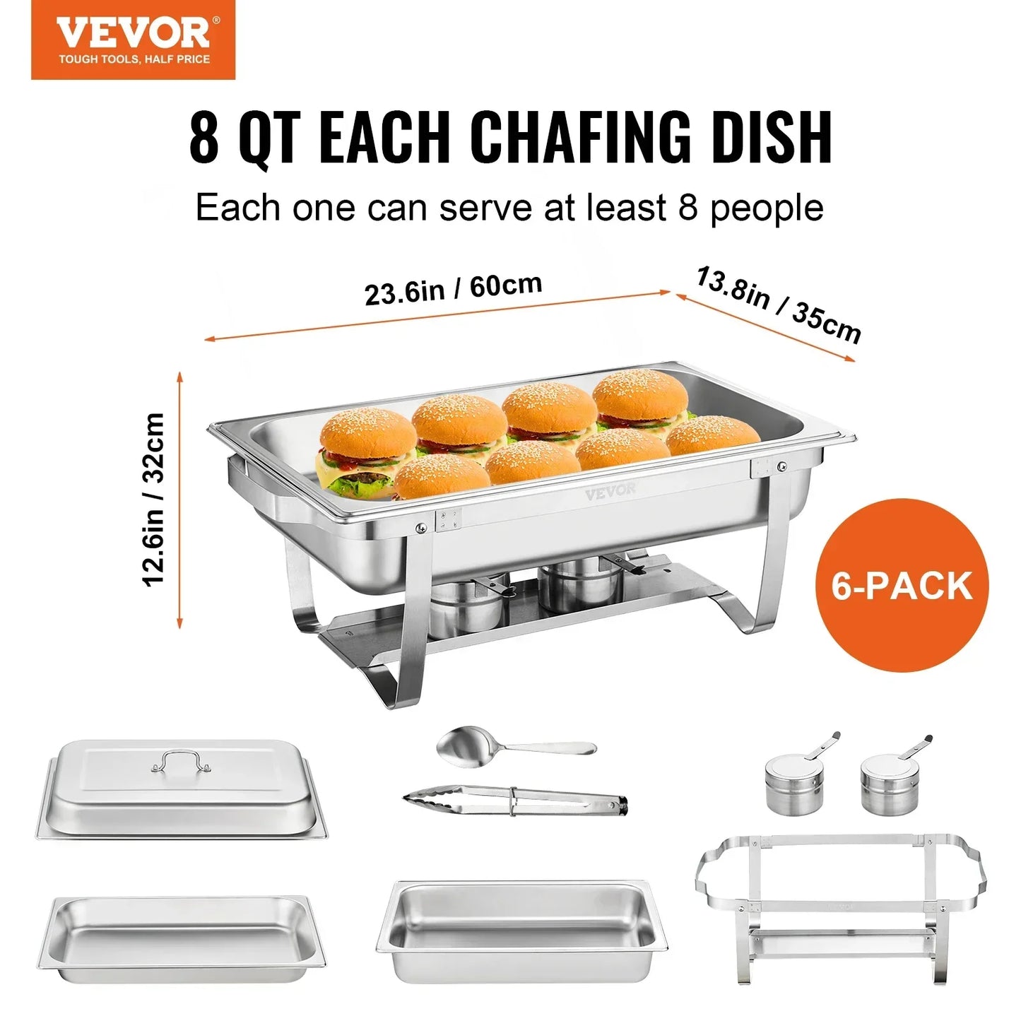 VEVOR 8QT Chafing Dish 2/4/6 Packs w/Buffet Catering Warmer Server Folding Stand Fuel Holder Tray