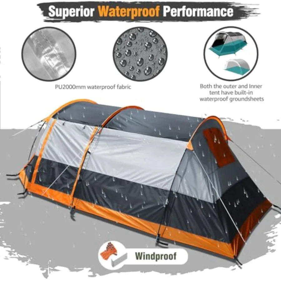 Camping Tents Tunnel Tent 4 Person Family Tents with 2 Doors Extra Weatherproof Outdoor Shelter