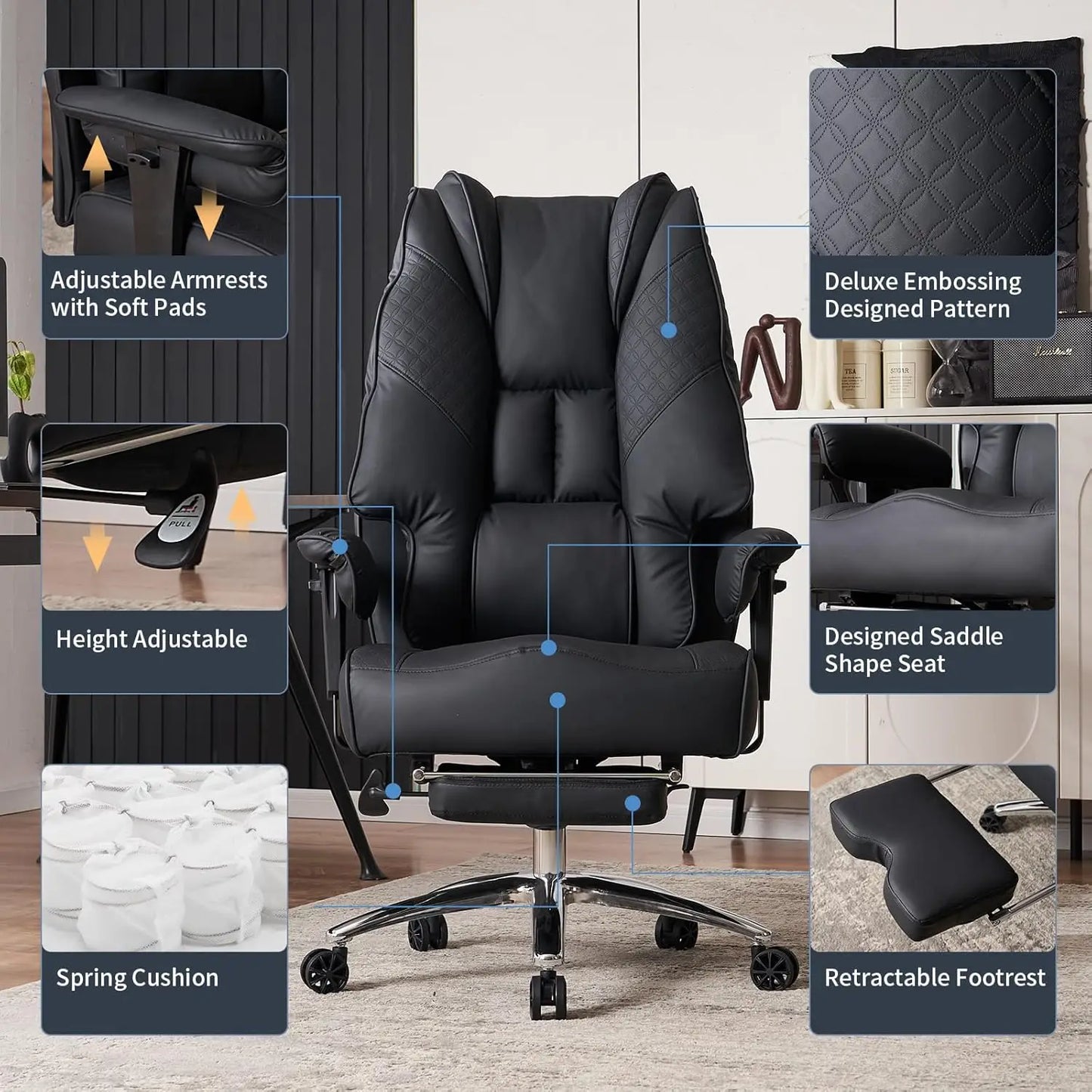 Office Chair 400lbs Wide Seat, Leather High Back Executive Office Chair with Foot Rest