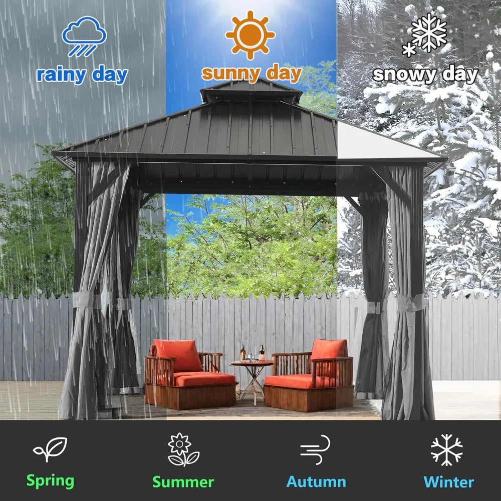 12x12FT Outdoor Hardtop Gazebo w/Double Roof, Mosquito Netting & Curtains - Heavy Duty Steel Frame