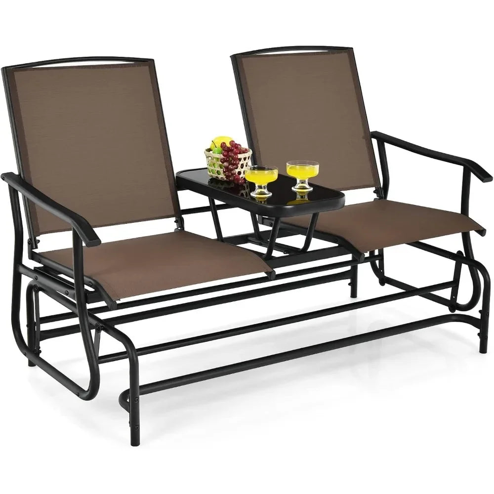 Tangkula 2 Person Swing Glider Chair, Patio Rocking Loveseat W/ Tempered Glass Table /W Steel Frame