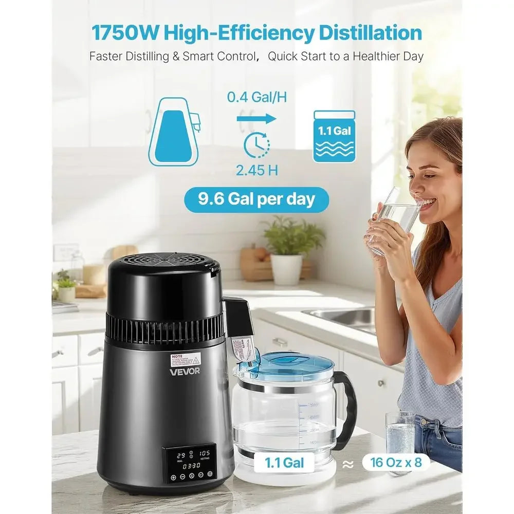 1.1 Gallon Glass Countertop Water Distiller, 1750W, 0.4 Gallons/Hour, 4L Capacity, Timer & Temp Display