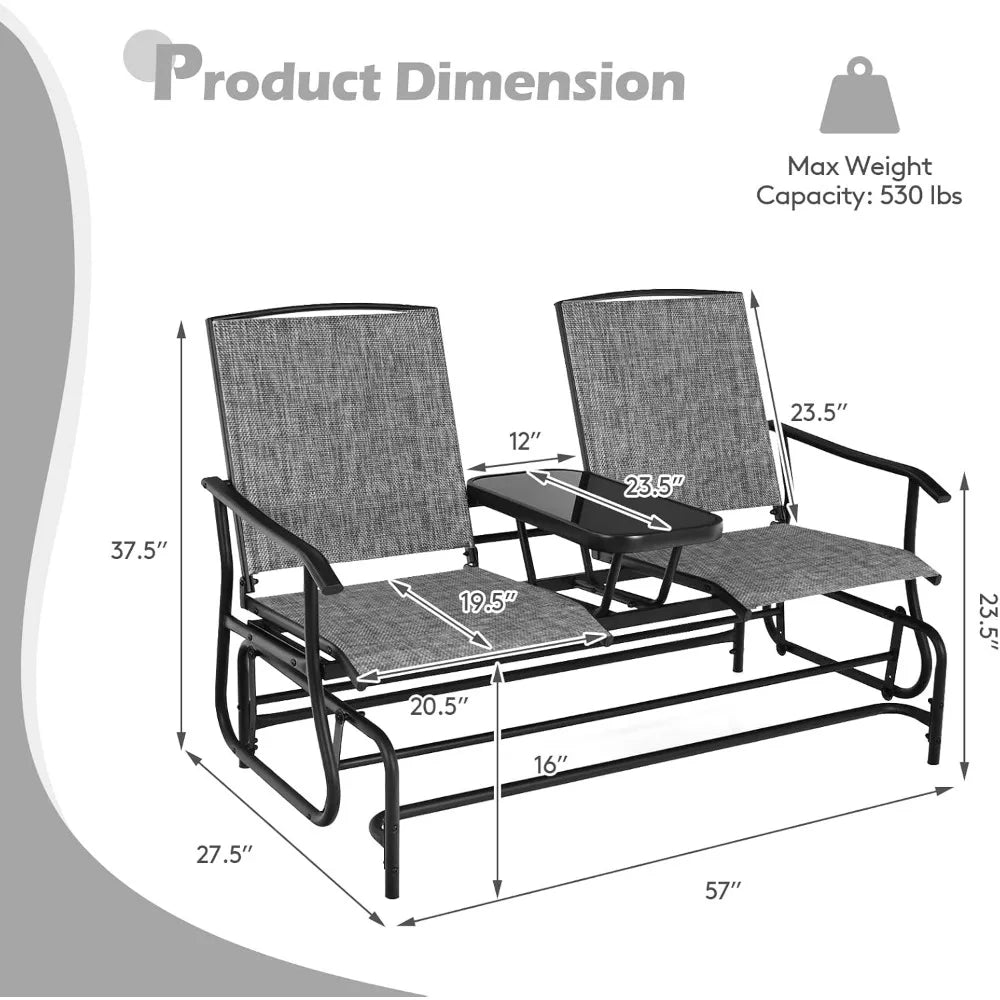 Glider Chair, Patio Rocking Loveseat w/Center Tempered Glass Table, Swing Bench w/Steel Frame for 2