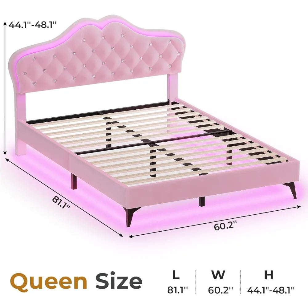 ADORNEVE Queen Size Upholstered LED Bed Frame, Girls Bed/Adjustable Crystal Button Headboard