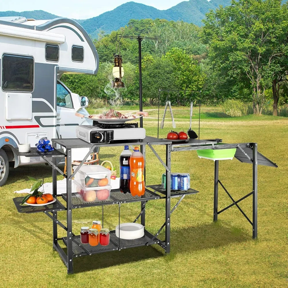 Camping Kitchen Table with Sink, Aluminum Folding Portable Outdoor Cook Station, 2 Shelves/Bag