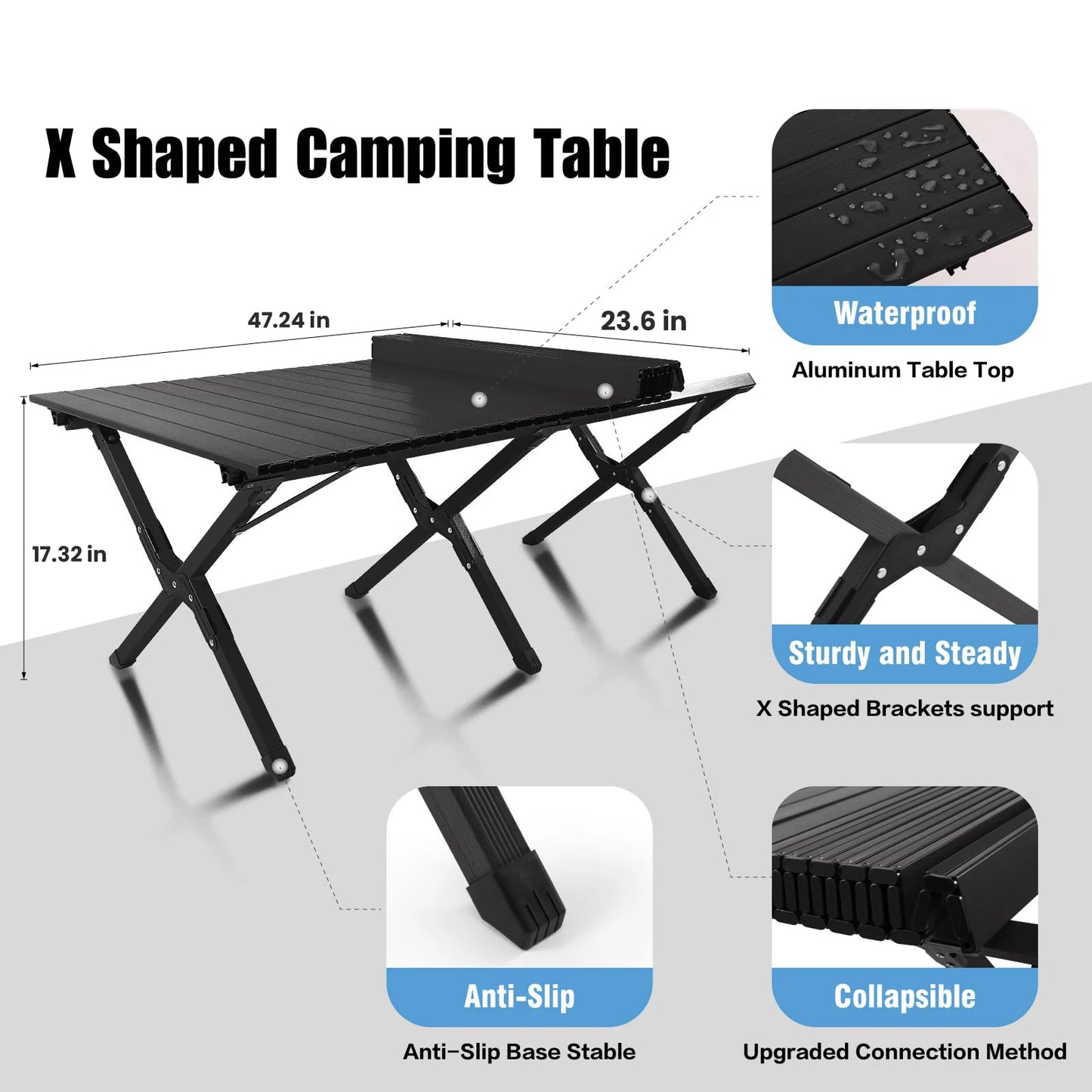 Large Folding Picnic Table Portable Lightweight Roll Up Carbon Steel Camping Table with Carrying Bag